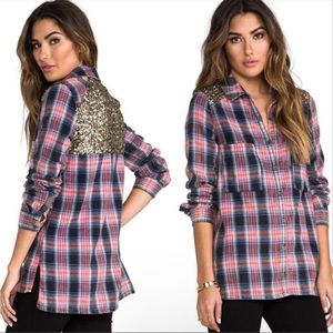 Free People Little Bit of Sugar Flannel Sequin Button Down Shirt Plaid.